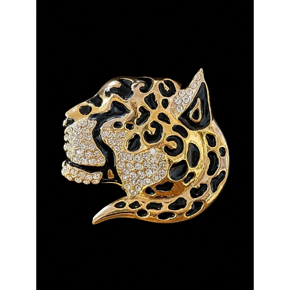 Leopard Panther Brooch Gold Tone Black Enamel Rhinestone Statement Pin